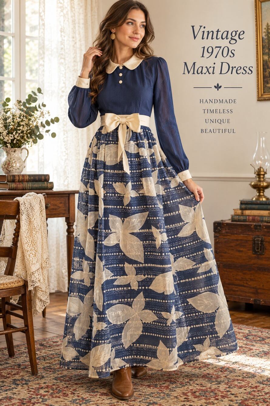 Vintage 1970s Handmade Butterfly Maxi Dress Navy Cream Bow Prairie Theater XS